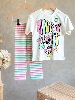 Pinkito Kids Mickey T-Shirt ve Çizgili Tayt Takım