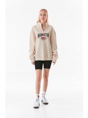 FullaModa Manhattan Nakışlı Dik Yaka Sweatshirt