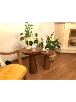 Simillo Home & Living Wood Wooden Ahşap 2'li Set Fitilli Mantar Yan Sehpa Koyu Ceviz