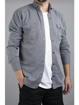 By Srt Giyim Slim Fit Erkek Kot Gömlek Gri