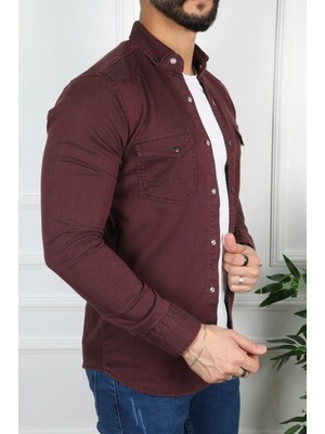 By Srt Giyim Slim Fit Erkek Kot Gömlek Bordo