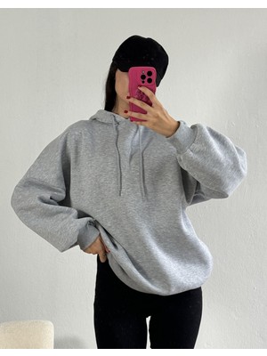 Minaaise Gri Şardonlu Kapşonlu Oversize Basic Sweatshirt 26259