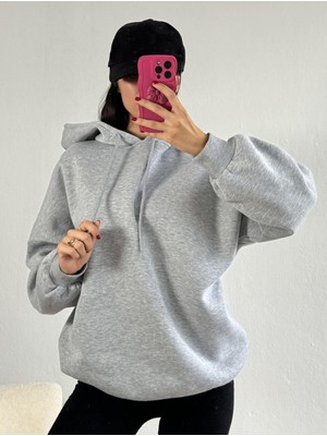 Minaaise Gri Şardonlu Kapşonlu Oversize Basic Sweatshirt 26259