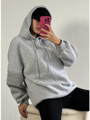 Minaaise Gri Şardonlu Kapşonlu Oversize Basic Sweatshirt 26259