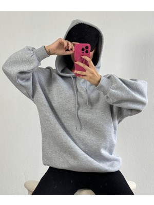 Minaaise Gri Şardonlu Kapşonlu Oversize Basic Sweatshirt 26259