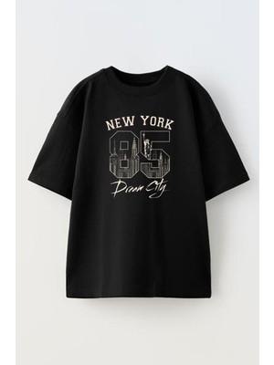 Nmg Tekstil Siyah Oversize Pamuk New York85 Baskılı Örme T-Shirt