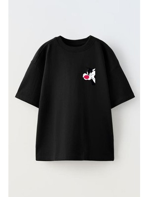 Nmg Tekstil Siyah Oversize Pamuk Silvester Cat Cep Baskılı Örme T-Shirt