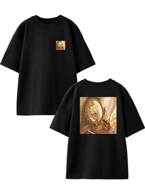 Nmg Tekstil Siyah Oversize Pamuk Elinde Beyaz Gül Ayna Ön Arka Baskılı Örme T-Shirt