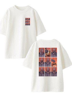 Nmg Tekstil Beyaz Oversize Pamuk Altı Fotoğraf Surat Ön Arka Baskılı Örme T-Shirt