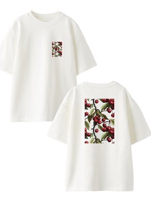 Nmg Tekstil Beyaz Oversize Pamuk Daldaki Kiraz Ön Arka Baskılı Örme T-Shirt
