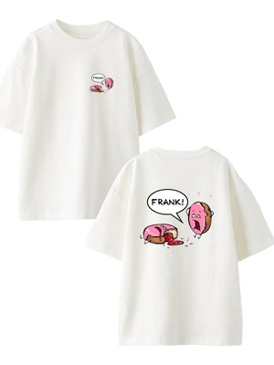 Nmg Tekstil Beyaz Oversize Pamuk Donut Frank Ön Arka Baskılı Örme T-Shirt