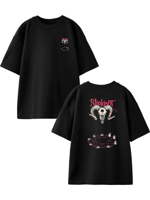 Nmg Tekstil Siyah Oversize Pamuk Slipknot Koç Poster Ön Arka Baskılı Örme T-Shirt