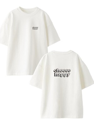 Nmg Tekstil Beyaz Oversize Pamuk Choose Happy Ön Arka Baskılı Örme T-Shirt