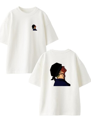 Nmg Tekstil Beyaz Oversize Pamuk Gözleri Bağlı Anime Erkek Ön Arka Baskılı Örme T-Shirt