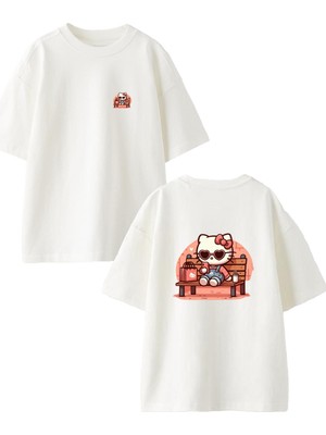 Nmg Tekstil Beyaz Oversize Pamuk Oturan Kitty Ön Arka Baskılı Örme T-Shirt