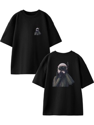 Nmg Tekstil Siyah Oversize Pamuk Ağaç Pilot Ön Arka Baskılı Örme T-Shirt