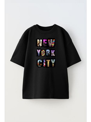 Nmg Tekstil Siyah Oversize Pamuk Newyork City Yazı Baskılı Örme T-Shirt