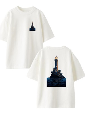 Nmg Tekstil Beyaz Oversize Pamuk Deniz Feneri Manzara Ön Arka Baskılı Örme T-Shirt