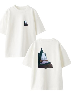 Nmg Tekstil Beyaz Oversize Pamuk Fok Balığı Kutup Ayısı Ön Arka Baskılı Örme T-Shirt