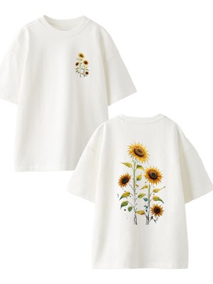 Nmg Tekstil Beyaz Oversize Pamuk Güne Dönmüş Ayçiçeği Ön Arka Baskılı Örme T-Shirt