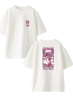 Nmg Tekstil Beyaz Oversize Pamuk Pembe Köpek Kız Çocuğu Ön Arka Baskılı Örme T-Shirt