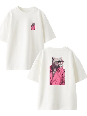 Nmg Tekstil Beyaz Oversize Pamuk Pempe Montlu Leopar Ön Arka Baskılı Örme T-Shirt