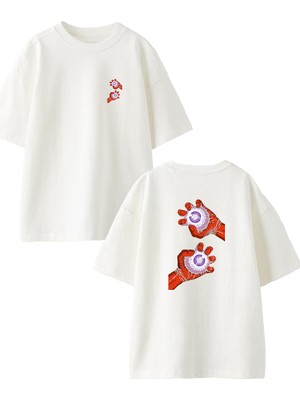 Nmg Tekstil Beyaz Oversize Pamuk Pörtlek Göz Kırmızı Ön Arka Baskılı Örme T-Shirt