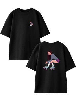 Nmg Tekstil Siyah Oversize Pamuk Patenli Kız Ön Arka Baskılı Örme T-Shirt