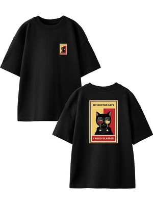 Nmg Tekstil Siyah Oversize Pamuk My Doctor Say Glasses Ön Arka Baskılı Örme T-Shirt
