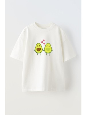 Nmg Tekstil Beyaz Oversize Pamuk Aşık Avakado Baskılı Örme T-Shirt