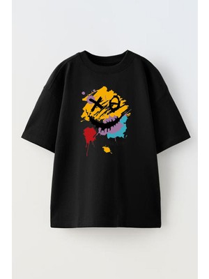 Nmg Tekstil Siyah Oversize Pamuk Renkli Xo Boya Baskılı Örme T-Shirt