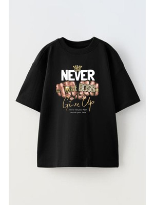 Nmg Tekstil Siyah Oversize Pamuk Never Boss Baskılı Örme T-Shirt