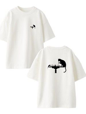 Nmg Tekstil Beyaz Oversize Pamuk Fare Kedi Satranç Ön Arka Baskılı Örme T-Shirt