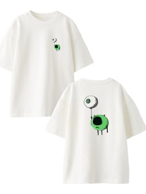 Nmg Tekstil Beyaz Oversize Pamuk Gözü Çıkmış Ufaklık Ön Arka Baskılı Örme T-Shirt