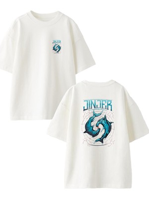 Nmg Tekstil Beyaz Oversize Pamuk Jinjer Köpek Balığı Ön Arka Baskılı Örme T-Shirt