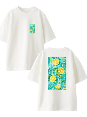 Nmg Tekstil Beyaz Oversize Pamuk Limon Havuz Ön Arka Baskılı Örme T-Shirt