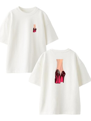 Nmg Tekstil Beyaz Oversize Pamuk Topuklu Stiletto Ön Arka Baskılı Örme T-Shirt
