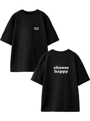 Nmg Tekstil Siyah Oversize Pamuk Choose Happy Ön Arka Baskılı Örme T-Shirt