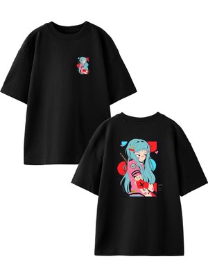 Nmg Tekstil Siyah Oversize Pamuk Mavi Saçlı Anime Kız Ön Arka Baskılı Örme T-Shirt
