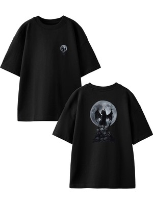 Nmg Tekstil Siyah Oversize Pamuk Yarasa Kedi Ay Ön Arka Baskılı Örme T-Shirt
