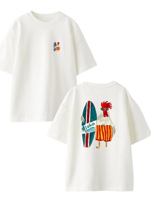 Nmg Tekstil Beyaz Oversize Pamuk Aloha Horoz Tatil Ön Arka Baskılı Örme T-Shirt