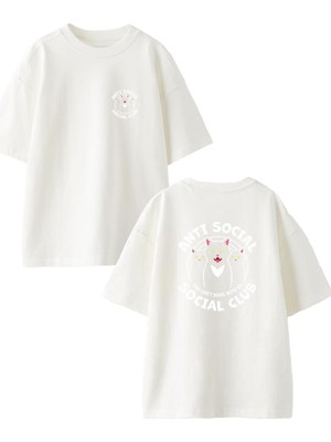 Nmg Tekstil Beyaz Oversize Pamuk Anti Social Kedi Ön Arka Baskılı Örme T-Shirt