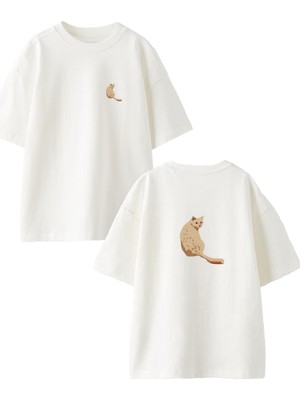 Nmg Tekstil Beyaz Oversize Pamuk Bakan Kedicik Ön Arka Baskılı Örme T-Shirt