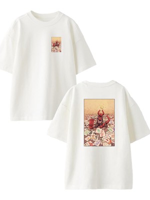 Nmg Tekstil Beyaz Oversize Pamuk Kağıtlar Oda Şeytan Varlık Ön Arka Baskılı Örme T-Shirt