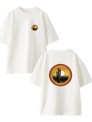Nmg Tekstil Beyaz Oversize Pamuk Kaktüs Güneş Ön Arka Baskılı Örme T-Shirt