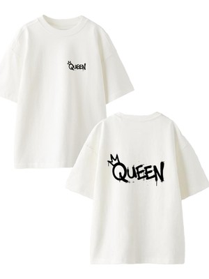 Nmg Tekstil Beyaz Oversize Pamuk Queen Kral Ön Arka Baskılı Örme T-Shirt