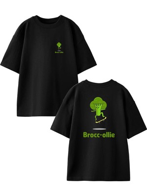 Nmg Tekstil Siyah Oversize Pamuk Broccolie Kaykay Ön Arka Baskılı Örme T-Shirt