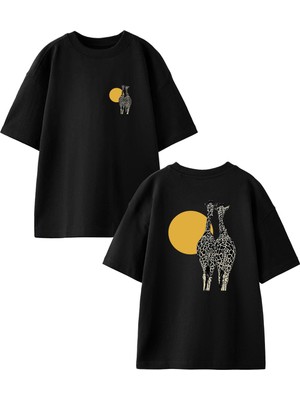 Nmg Tekstil Siyah Oversize Pamuk Çift Zürafa Güneş Ön Arka Baskılı Örme T-Shirt
