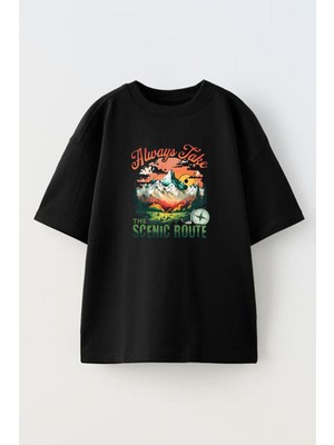 Nmg Tekstil Siyah Oversize Pamuk Always Take Baskılı Örme T-Shirt