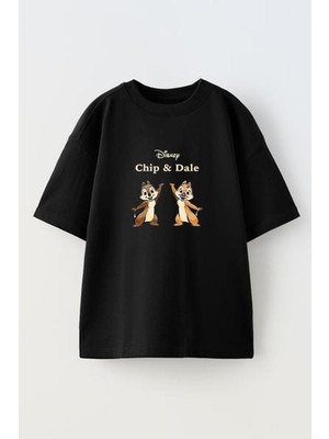Nmg Tekstil Siyah Oversize Pamuk Chip And Dale Baskılı Örme T-Shirt